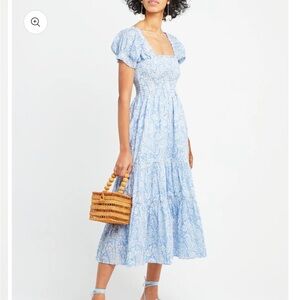 CAARA Blue & White Smocked Nap Dress excellent condition Sundress Midi Maxi